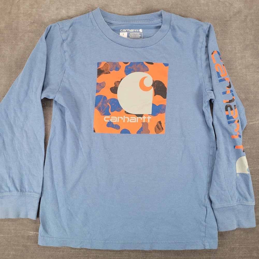 Carhartt Boys Blue Long Sleeve Graphic T-Shirt Camo Logo Size 7 Workwear Shirt‎